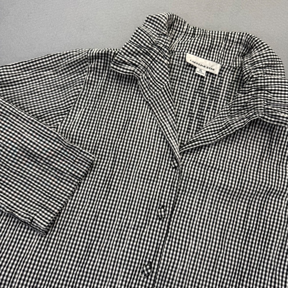 Caroline Rose XL Black‎ White Gingham Ruffle Collar Seersucker Button Shirt USA